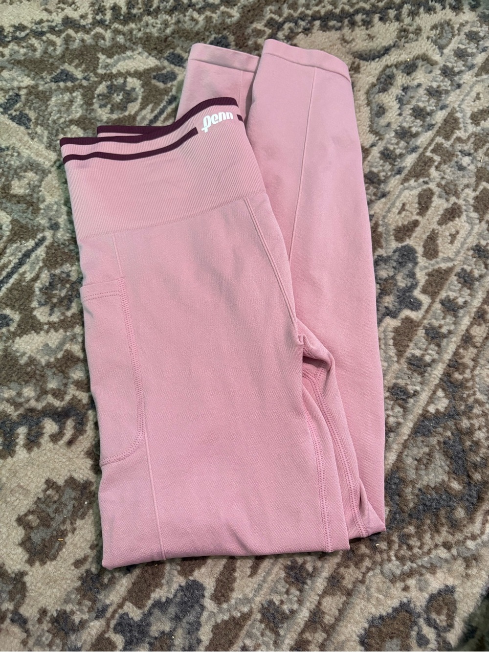 Dusty Pink High-Waist Leggings with Maroon Waistband Detail